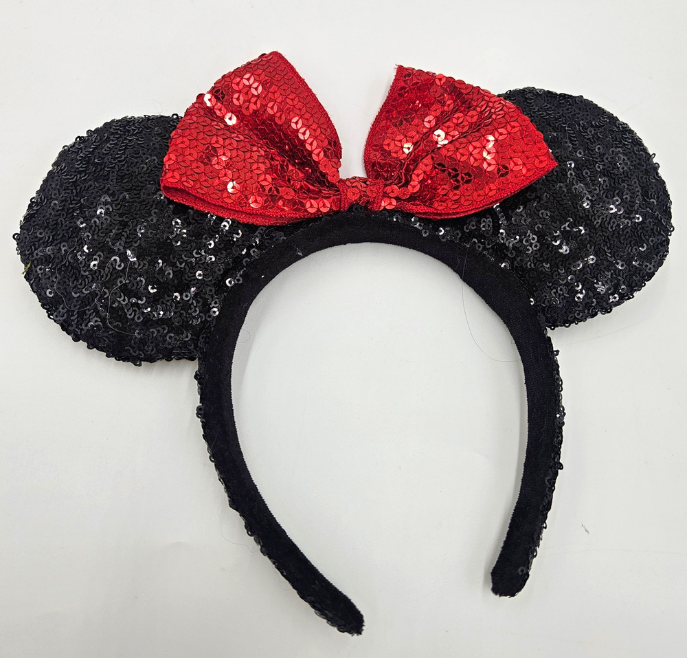 Minnie Mouse Sequined Mouse Ears Headband Black & Red Bow Classic Disney Magic